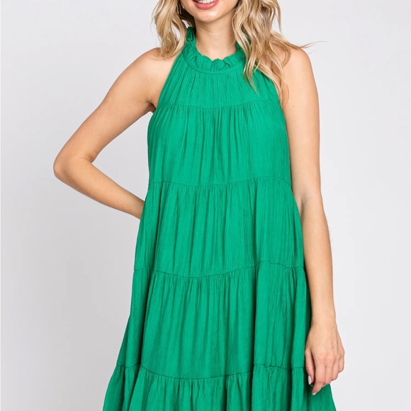 Green Ruffle Mock Neck Tiered Dress - Picture 2 of 9